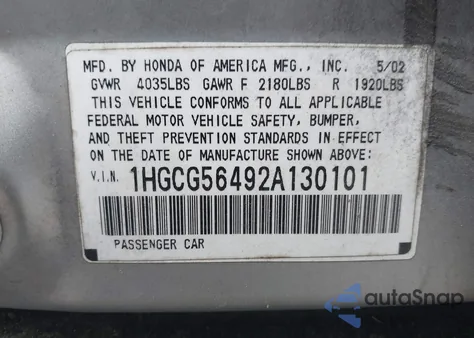 2002 Honda Accord 2.3 Lx z USA, uszkodzony, nr VIN 1HGCG56492A130101